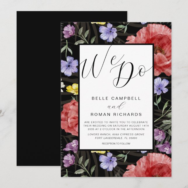 Boho Watercolor Vild Flowers Black & Red Bröllop Inbjudningar (Fram/baksida)