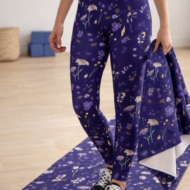 Boho Watercolor Vilda Blommor Marinblå  Leggings (Skapare uppladdad)