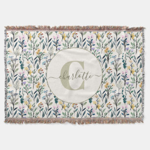 Boho Watercolor Vilda Blommor Mönster Monogram Nam Filt