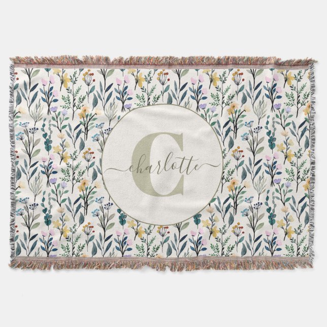 Boho Watercolor Vilda Blommor Mönster Monogram Nam Filt (Framsidan)