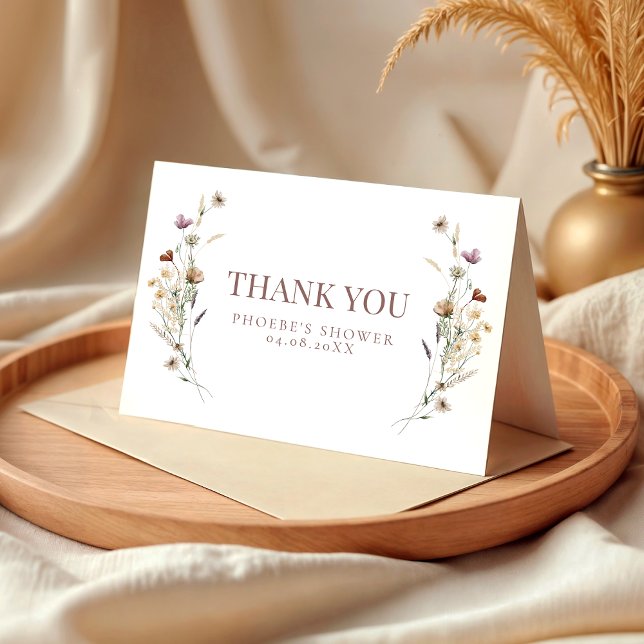 Boho Watercolor Vildblomma Bröllopsdusch Vikta Tack Kort (Skapare uppladdad)