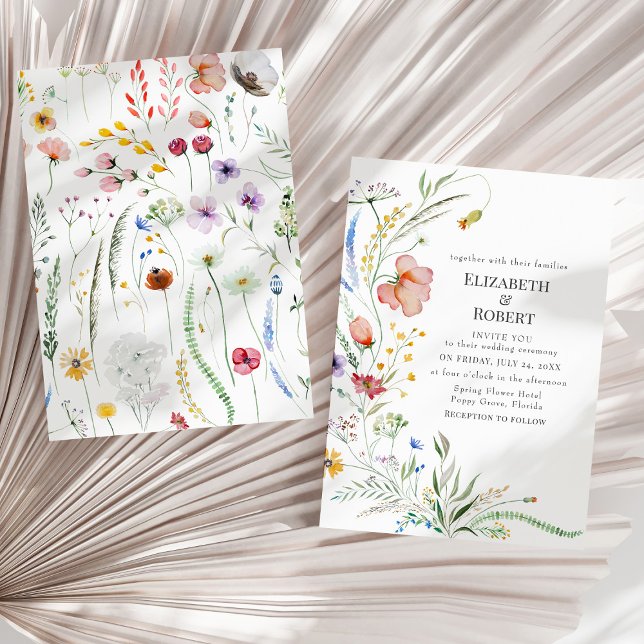 Boho Watercolor Vildblomma Bröllopsinbjudan Inbjudningar (Boho Watercolor Wildflower Wedding Invitation on a sunny neutral dry palm leaf.)