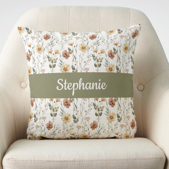 Boho Watercolor Vildblomma Monogram Namn Kudde (Skapare uppladdad)