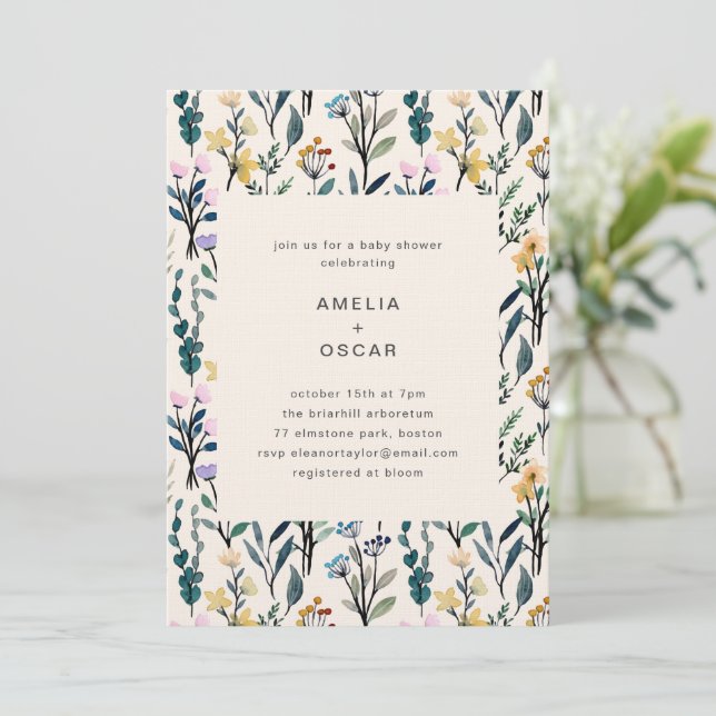 Boho Watercolor Vildblomma Par Baby Shower  Inbjudningar (Stående Fram)