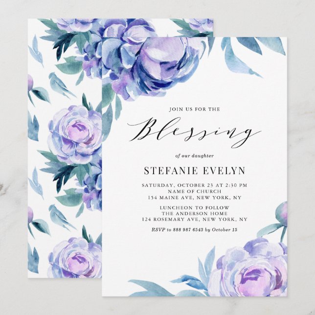 Boho Watercolor Violet Peony Flowers Baby Blating Inbjudningar (Fram/baksida)