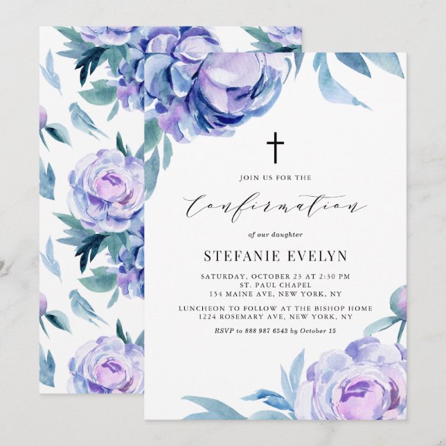 Boho Watercolor Violet Peony Flowers Bekräftelse Inbjudningar (Fram/baksida)