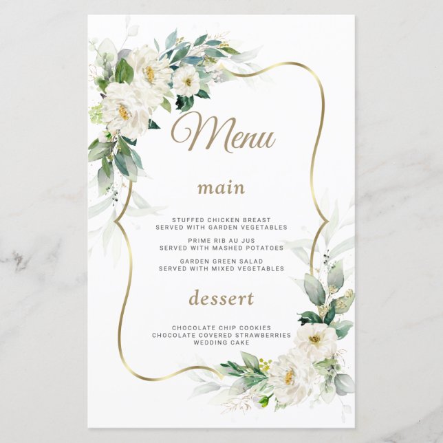 Boho Watercolor White Flowers Guld Bröllop Menu (Framsida)
