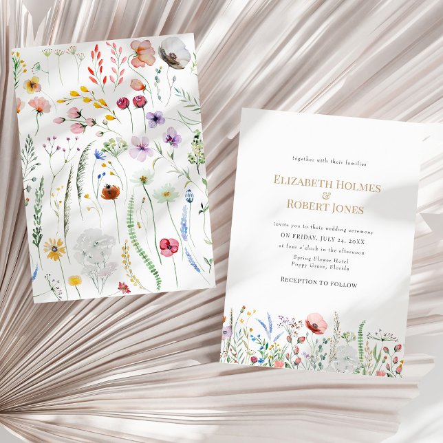Boho Watercolor Wildblombröllopsinbjudan Inbjudningar (Boho Watercolor Wildflower Wedding Invitation on a sunny neutral dry palm leaf.)