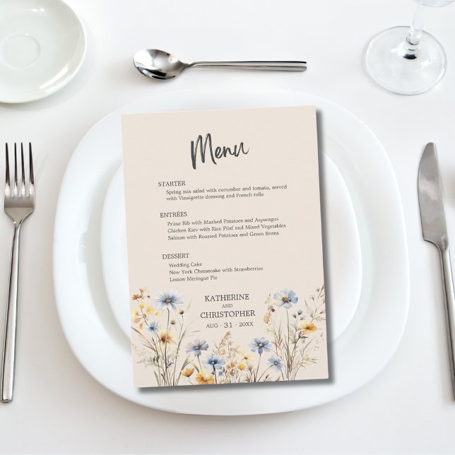 BOHO Watercolor WildblomElegant Beige Bröllop Meny (BOHO Wildflowers Elegant Wedding Menu with Menu Options, Blue and Yellow Watercolor Wildflowers.)