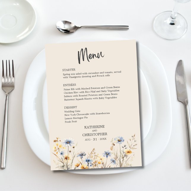 BOHO Watercolor WildblomElegant Beige Bröllop Meny (BOHO Wildflowers Beige Wedding Menu with blue and yellow watercolor flowers, menu options.)