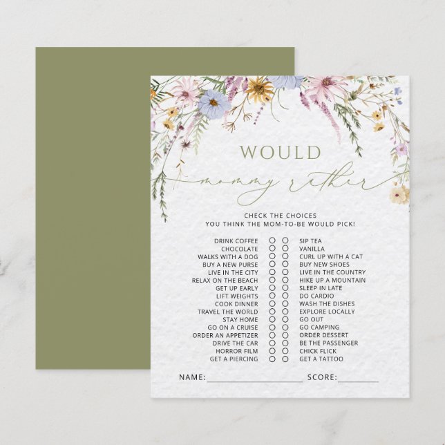 Boho Watercolor WildblommBaby Shower-spel (Fram/baksida)