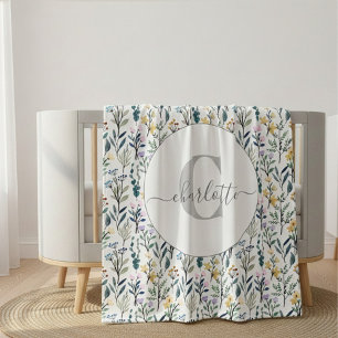 Boho Watercolor WildblommMönster Monogram Namn Fleecefilt