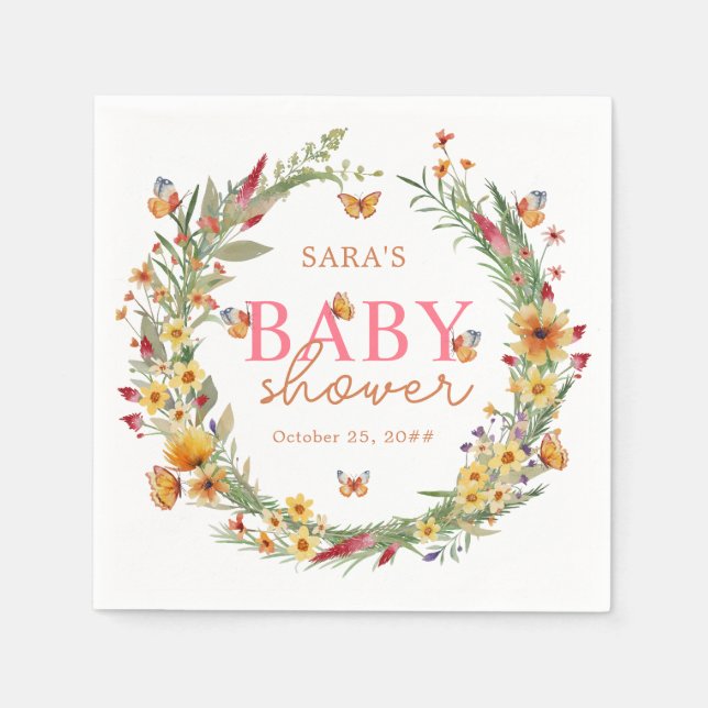 Boho Watercolor Wildblommor Rustic Baby Shower Pappersservett (Framsidan)