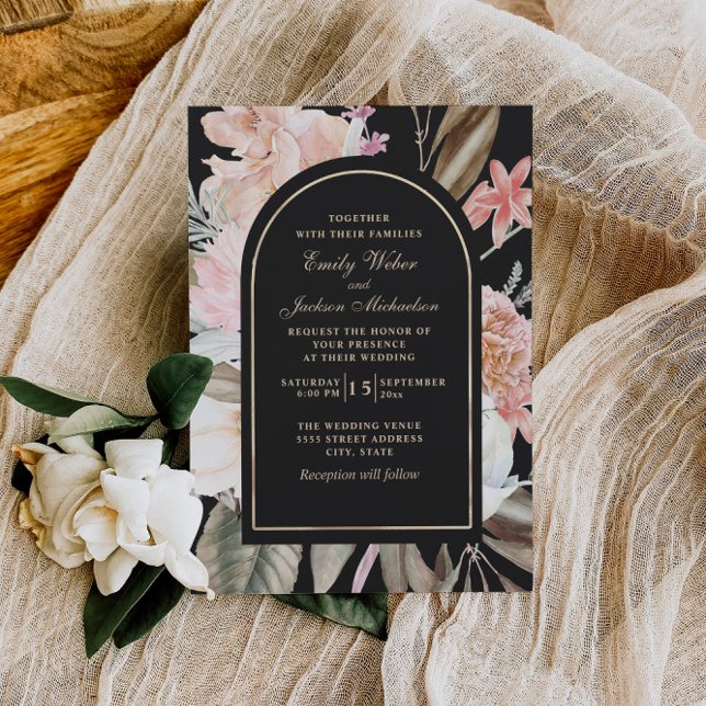Boho Wedding Blush Pink Cream Greenery Black Inbjudningar (Skapare uppladdad)