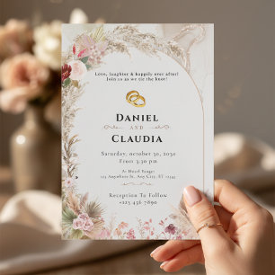 Boho Wedding-inbjudan   Blommigt Guld Ringar Kärle Inbjudningar