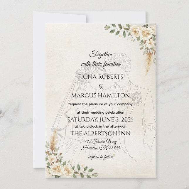 Boho Wedding Invory Ro & Pampas Grass Inbjudningar (Framsida)