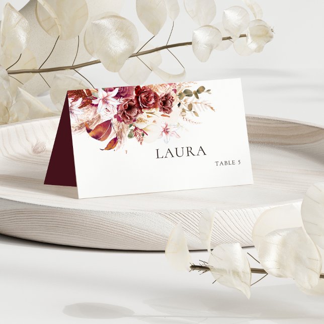 Boho Wedding Place Card – Burgundy & Blush Placeringskort (Skapare uppladdad)