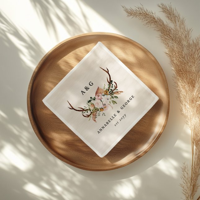 Boho Wedding Rustic Antler Floral Wedding Monogram Pappersservett (Skapare uppladdad)