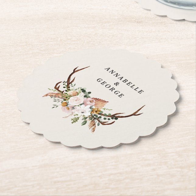 Boho Wedding Rustic Antler Floral Wedding Monogram Underlägg Papper (Vinklad)