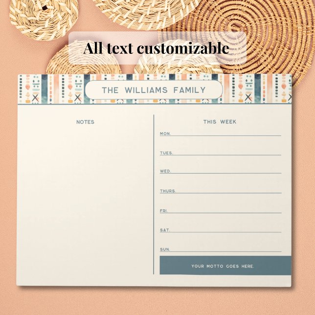 Boho Weekly Family Calendar med Notes Section Anteckningsblock (All text customizable on this weekly planner tearaway notepad. Soft boho styling in warm hues.)