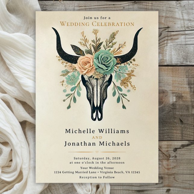 Boho Western Blommigt Bull Cow Skull Bröllop Inbjudningar (Front - Boho Floral Bull Skull Wedding Invitation)