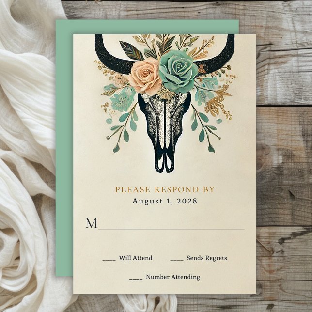 Boho Western Blommigt Bull Cow Skull Bröllop OSA Kort (Boho Floral Bull Skull Wedding RSVP Card)