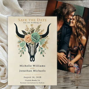 Boho Western Blommigt Bull Cow Skull Bröllop Photo Spara Datumet