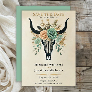Boho Western Blommigt Bull Cow Skull Bröllop Spara Datumet