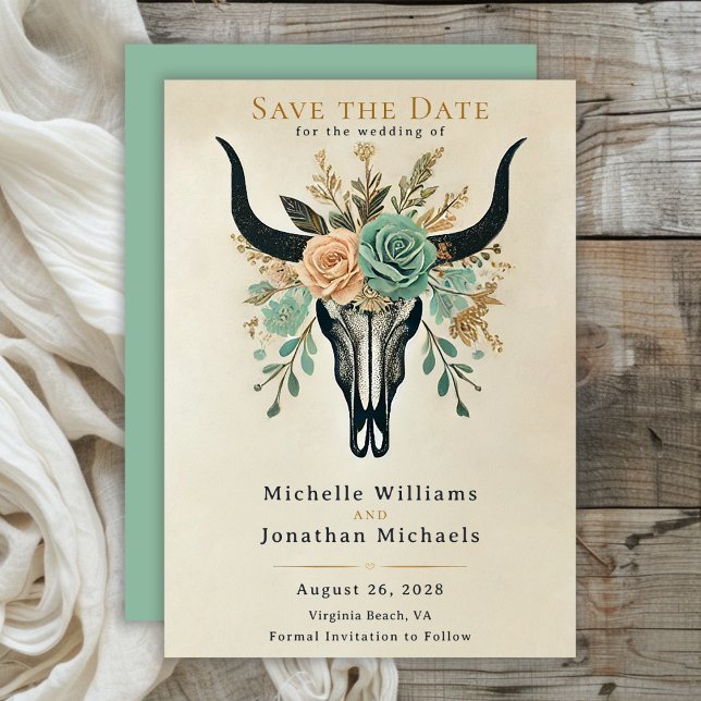 Boho Western Blommigt Bull Cow Skull Bröllop Spara Datumet (Boho Floral Bull Cow Skull Wedding Save The Date)