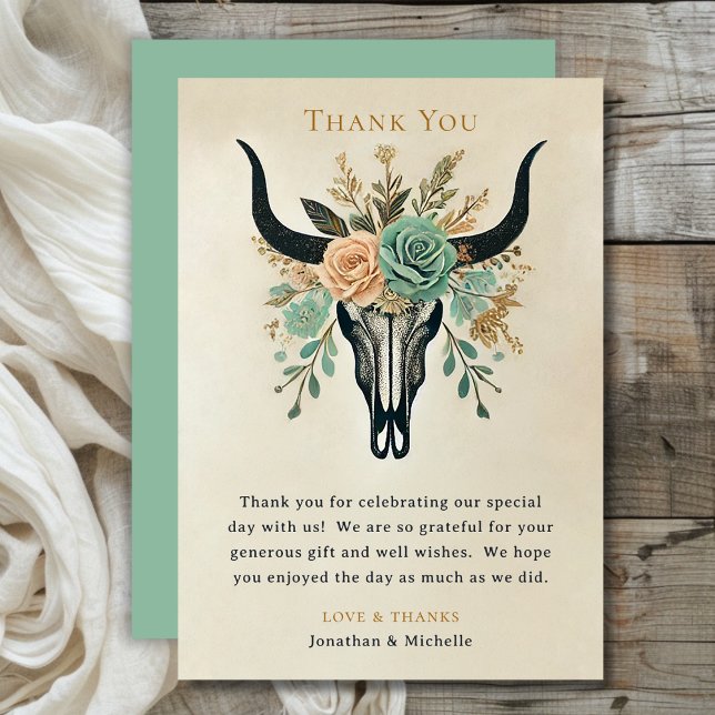 Boho Western Blommigt Bull Cow Skull Bröllop Tack Kort (Boho Western Floral Bull Cow Skull Wedding Thank You Card)