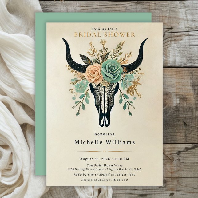 Boho Western Blommigt Bull Cow Skull Möhippa Inbjudningar (Boho Western Floral Bull Cow Skull Bridal Shower Invitation)