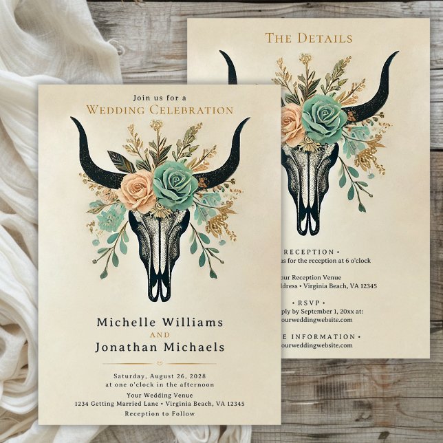 Boho Western Blommigt Cow Skull alla i ena Bröllop Inbjudningar (Boho Floral Bull Skull All in One Wedding Invitation)