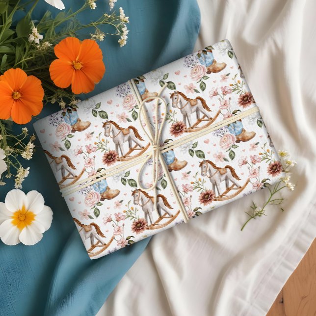Boho Western Blommigt Rocking Horse Boy Shower Presentpapper (Boho Western Floral Rocking Horse Boy Baby Shower Wrapping Paper)