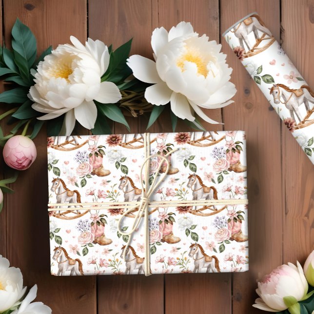 Boho Western Blommigt Rocking Horse Girl Baby Show Presentpapper (Boho Western Floral Rocking Horse Girl Baby Shower Wrapping Paper)