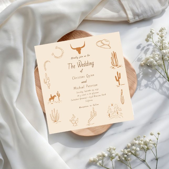 Boho Western Cowboy Illustration Bröllop Inbjudningar (Skapare uppladdad)