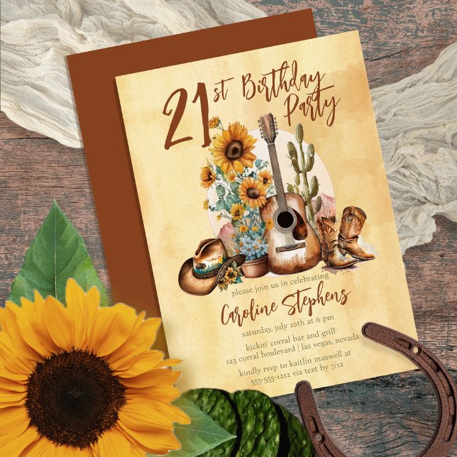 Boho Western Guitar Sunblommor 21:a födelsedagen P Inbjudningar (Make her Birthday Party unique with this Boho Rustic Western-themed Guitar & Sunflowers design!)