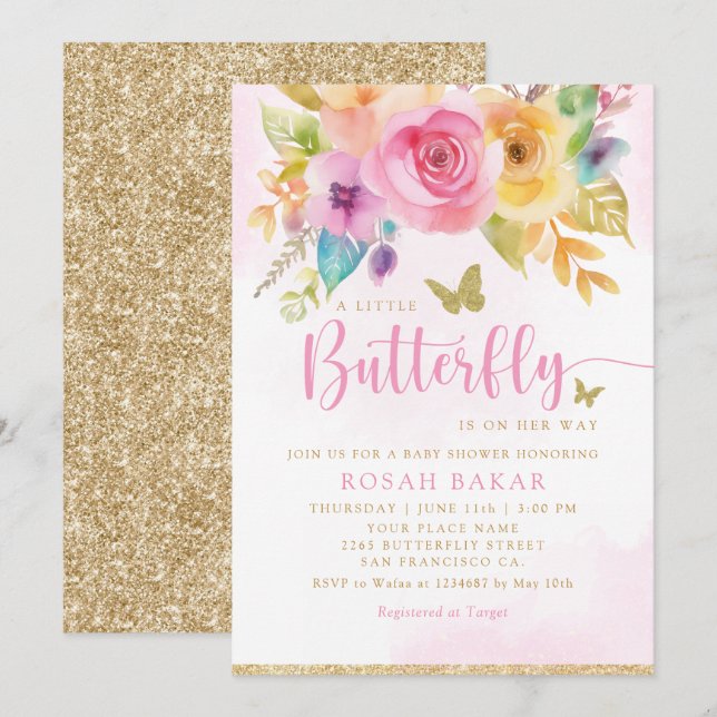 Boho Whimsical Blommigt Butterfly Girl Baby Shower Inbjudningar (Fram/baksida)
