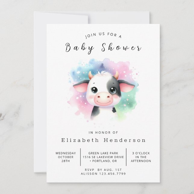 Boho Whimsical Gracval Cow Baby Shower Inbjudningar (Framsida)