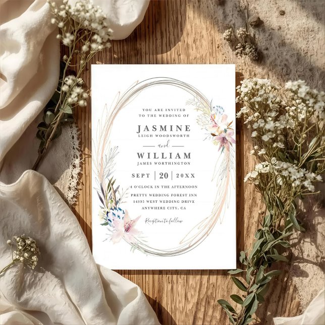 Boho Whimsical Krans Elegant QR-kod Bröllop Inbjudningar (Skapare uppladdad)