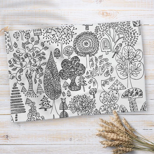 Boho Whimsical Träd Svart och Vitt Mönster Kökshandduk (Boho Whimsical Trees Black and White Pattern Kitchen Towel)