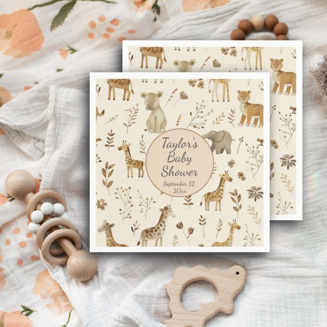 Boho White Beige Jungle Animals Baby Shower Pappersservett (Skapare uppladdad)