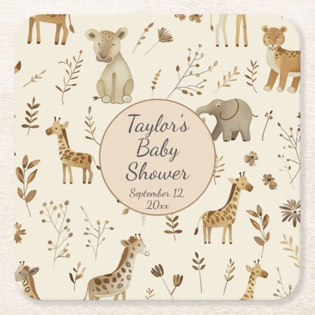 Boho White Beige Jungle Animals Baby Shower Underlägg Papper Kvadrat (Framsidan)