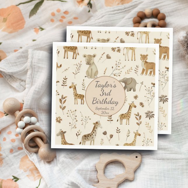 Boho White Beige Jungle Animals Birthday Pappersservett (Skapare uppladdad)