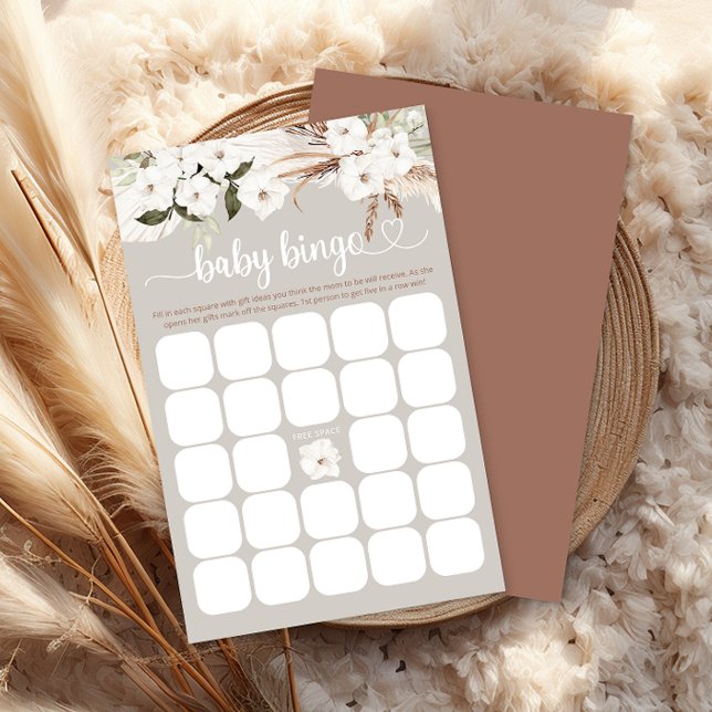 Boho White Blommigt Baby Shower Bingo Game Card (Boho Baby Bingo)