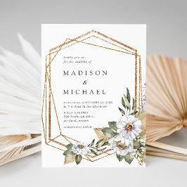 Boho White Blommigt & Greenery Geometric Bröllop Inbjudningar