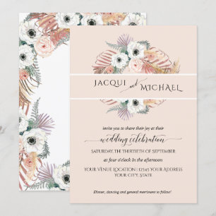 Boho White Blommigt Handflatan Foliage Pampas Gra Inbjudningar