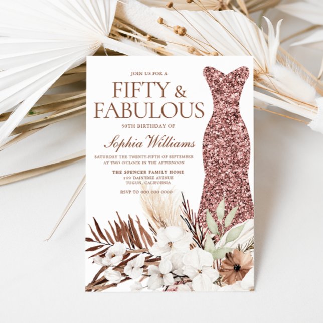 Boho White Blommigt Ro Guld Dress 50:e födelsedage Inbjudningar (Skapare uppladdad)