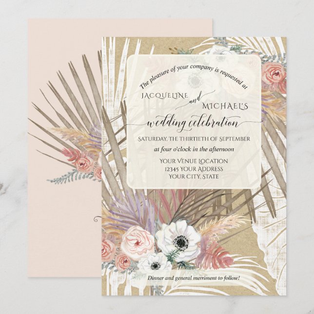 BOHO White Blommigt Rustic Pampas Grass Tropical Inbjudningar (Fram/baksida)