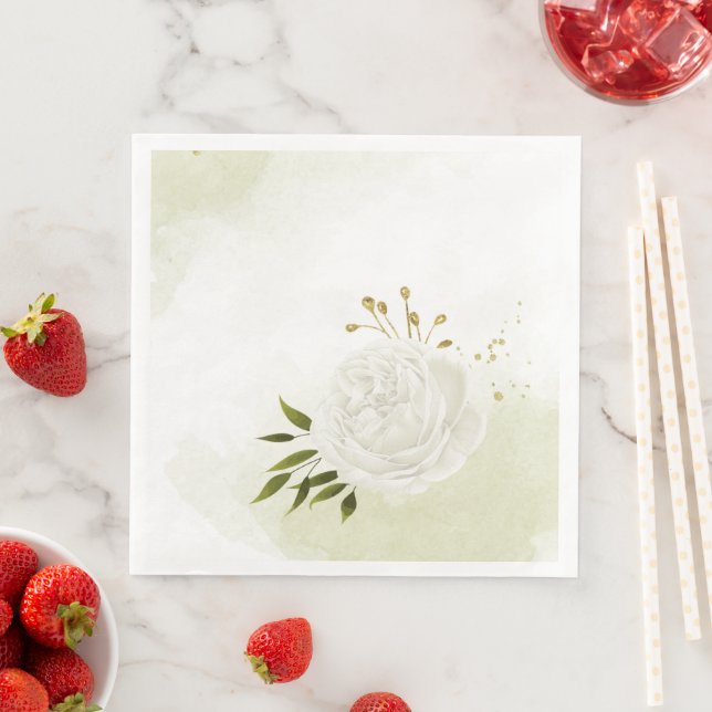 Boho white blommor grönt löv botaniska pappersservett (Insitu)