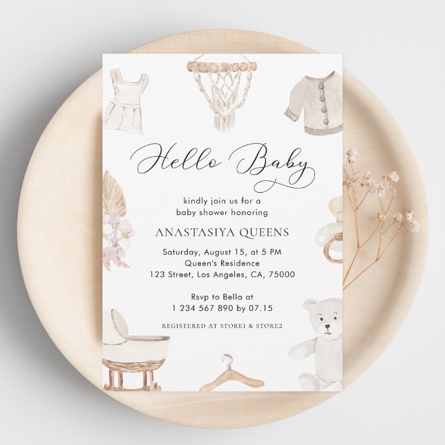 Boho White Hej Barnkläders Nursery Baby Shower Inbjudningar (Skapare uppladdad)